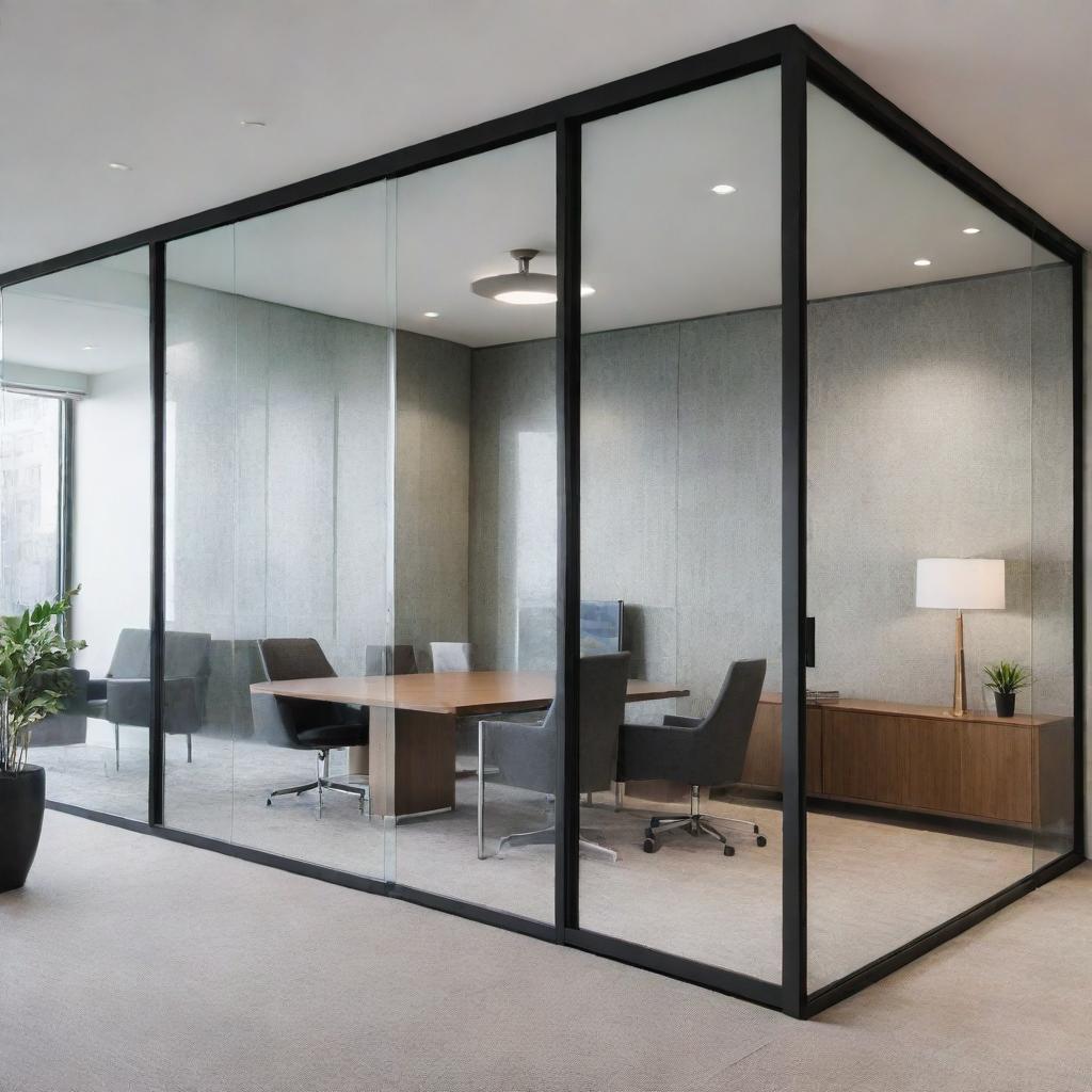 An elegantly designed corporate office, featuring two small offices and a conference room, each separated by transparent glass walls. All interiors have chic wallpaper and stylish glass doors provide visibility.