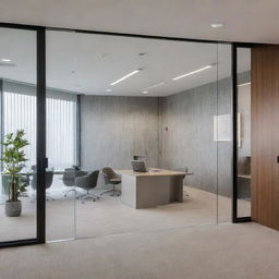 An elegantly designed corporate office, featuring two small offices and a conference room, each separated by transparent glass walls. All interiors have chic wallpaper and stylish glass doors provide visibility.