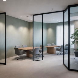 An elegantly designed corporate office, featuring two small offices and a conference room, each separated by transparent glass walls. All interiors have chic wallpaper and stylish glass doors provide visibility.