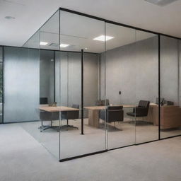 An elegantly designed corporate office, featuring two small offices and a conference room, each separated by transparent glass walls. All interiors have chic wallpaper and stylish glass doors provide visibility.