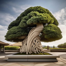 Architectural photography style image of a grand, detailed concrete sculpture artistically fashioned to resemble a majestic bonsai tree.