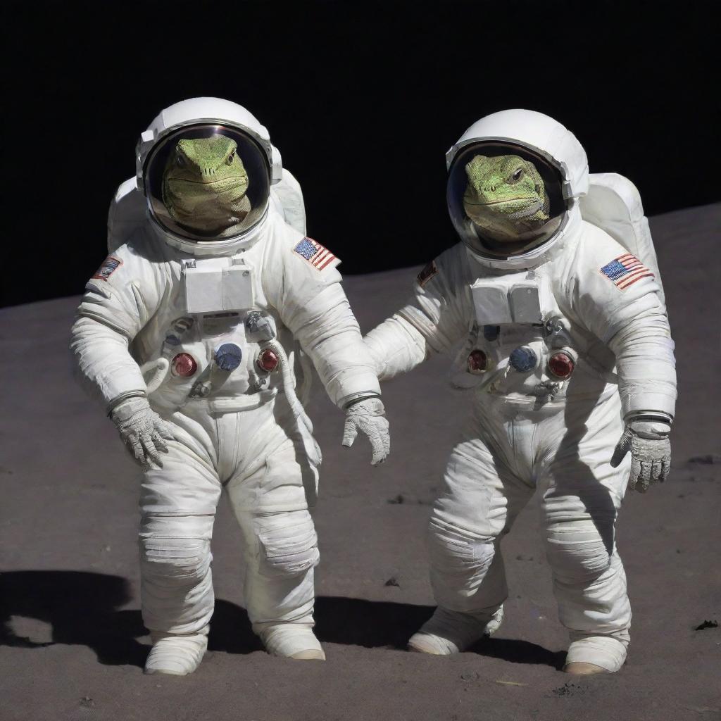 Lizard-like astronauts in fitting space suits venturing through the vastness of the universe