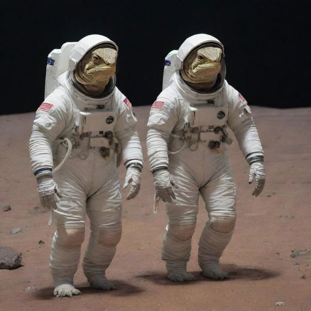 Lizard-like astronauts in fitting space suits venturing through the vastness of the universe