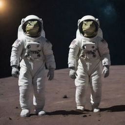 Lizard-like astronauts in fitting space suits venturing through the vastness of the universe