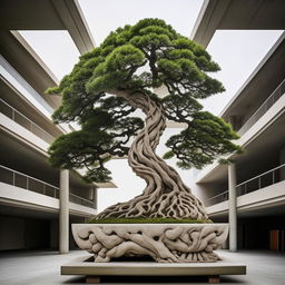 Architectural photography style image of a grand, detailed concrete sculpture artistically fashioned to resemble a majestic bonsai tree.