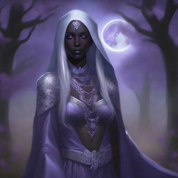 A high-quality, realistic fantasy art piece featuring a female drow from the Forgotten Realms