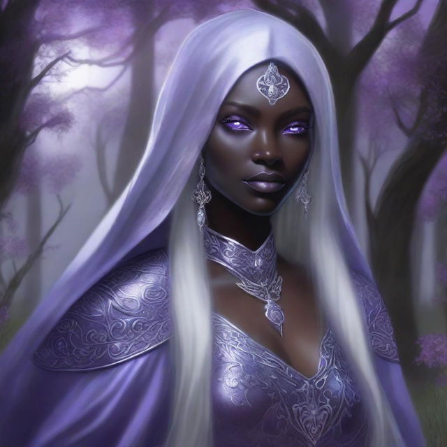 A high-quality, realistic fantasy art piece featuring a female drow from the Forgotten Realms