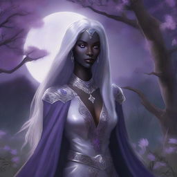 A high-quality, realistic fantasy art piece featuring a female drow from the Forgotten Realms