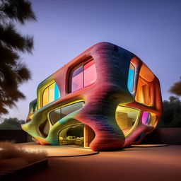 An architectural masterpiece home made of multicoloured bricks, inspired by Zaha Hadid's fluidity and Antonio Gaudi's uniqueness, in high-quality architectural photography style.