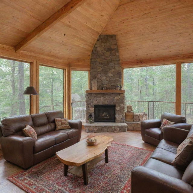 A modern, rock-built cabin with tasteful furnishings and amenities tailored for comfort, perfect for an Airbnb listing.