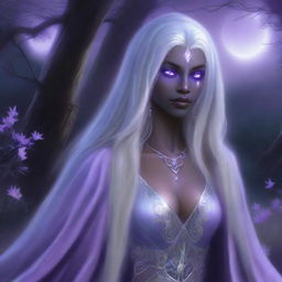 The image portrays a realistic fantasy art of a drow priestess from the Forgotten Realms