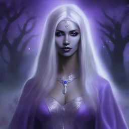 The image portrays a realistic fantasy art of a drow priestess from the Forgotten Realms