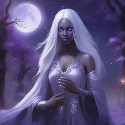 The image portrays a realistic fantasy art of a drow priestess from the Forgotten Realms