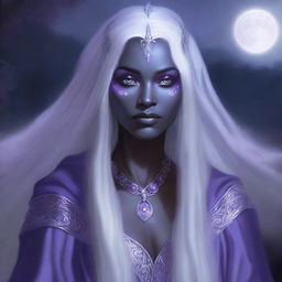 The image portrays a realistic fantasy art of a drow priestess from the Forgotten Realms