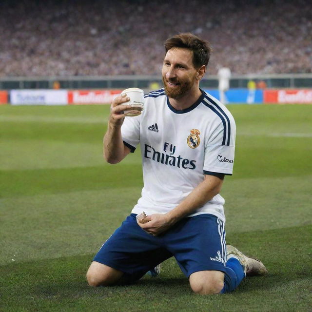 Lionel Messi enjoying a cup of mate on Real Madrid's football field