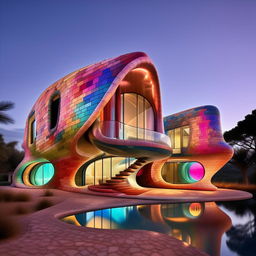 An architectural masterpiece home made of multicoloured bricks, inspired by Zaha Hadid's fluidity and Antonio Gaudi's uniqueness, in high-quality architectural photography style.