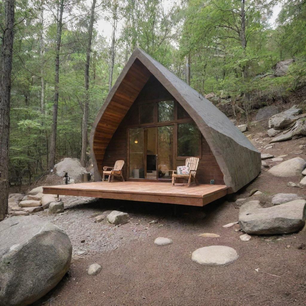 A small, modern cabin built with natural rock, filled with contemporary amenities and furnishings, perfect as a unique Airbnb listing.