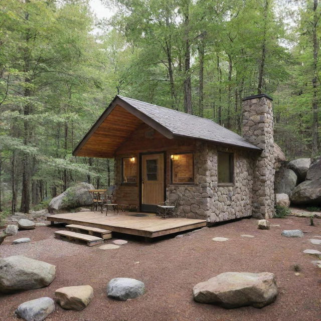 A small, modern cabin built with natural rock, filled with contemporary amenities and furnishings, perfect as a unique Airbnb listing.