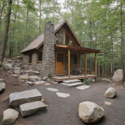 A small, modern cabin built with natural rock, filled with contemporary amenities and furnishings, perfect as a unique Airbnb listing.