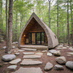 A small, modern cabin built with natural rock, filled with contemporary amenities and furnishings, perfect as a unique Airbnb listing.