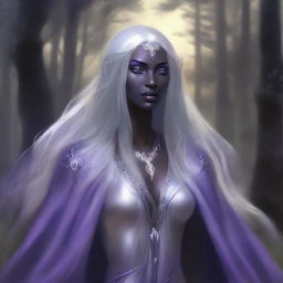 A high-quality, realistic fantasy art piece showcasing a drow priestess from the Forgotten Realms