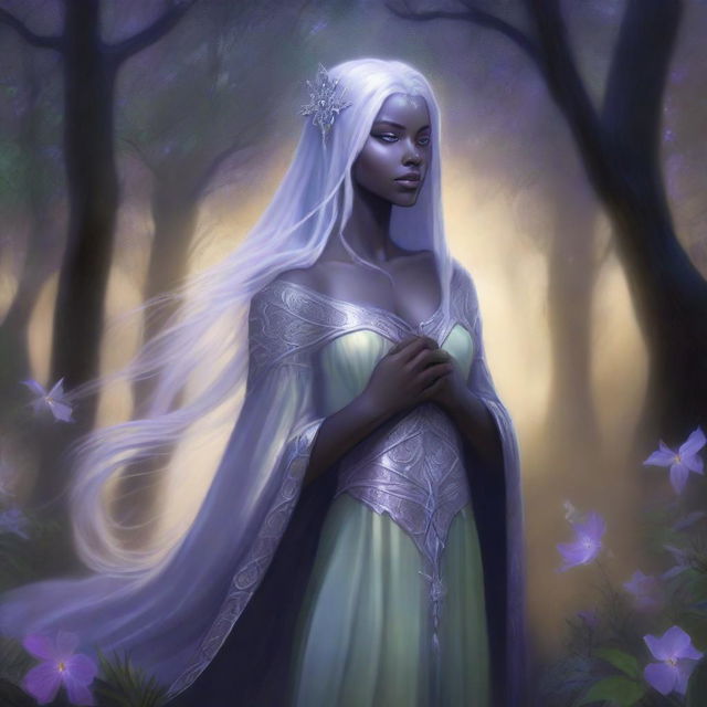 A high-quality, realistic fantasy art piece showcasing a drow priestess from the Forgotten Realms