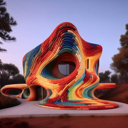 An architectural masterpiece home made of multicoloured bricks, inspired by Zaha Hadid's fluidity and Antonio Gaudi's uniqueness, in high-quality architectural photography style.