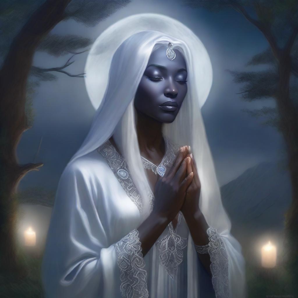 This is a high-quality, realistic fantasy portrait of a drow priestess from the Forgotten Realms