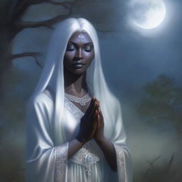 This is a high-quality, realistic fantasy portrait of a drow priestess from the Forgotten Realms