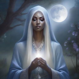 This is a high-quality, realistic fantasy portrait of a drow priestess from the Forgotten Realms