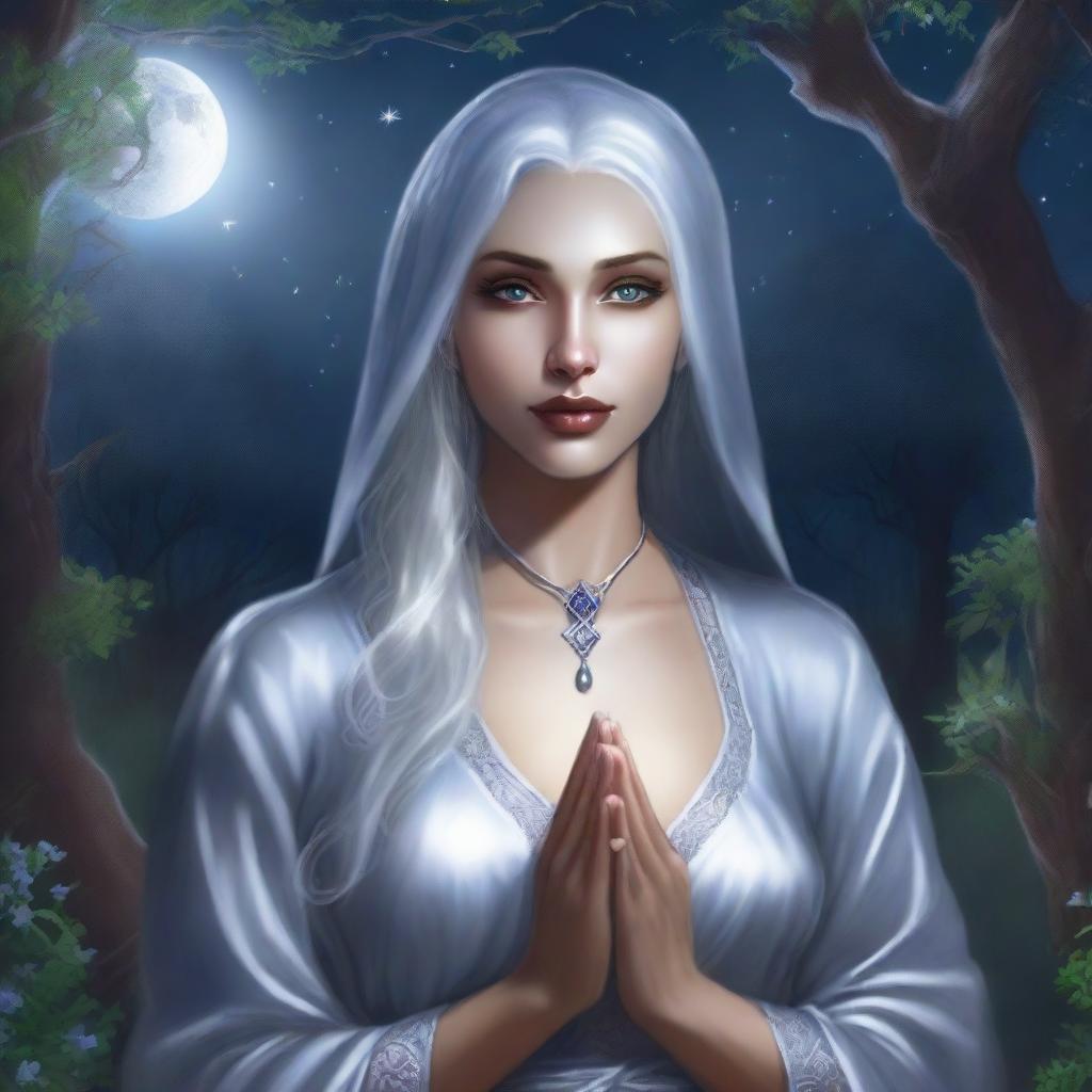 This is a high-quality, realistic fantasy portrait of a beautiful young drow priestess from the Forgotten Realms