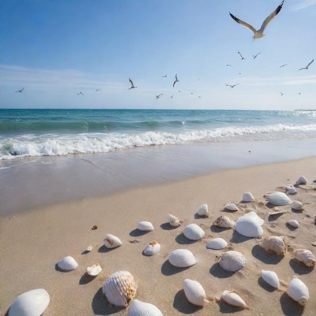 A tranquil ocean scene with soft blue hues, scattered seashells adorning the beach, and seagulls soaring overhead against the serene sky.