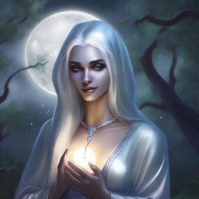 This is a high-quality, realistic fantasy portrait of a beautiful young drow priestess from the Forgotten Realms