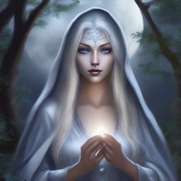 This is a high-quality, realistic fantasy portrait of a beautiful young drow priestess from the Forgotten Realms