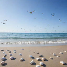 A tranquil ocean scene with soft blue hues, scattered seashells adorning the beach, and seagulls soaring overhead against the serene sky.