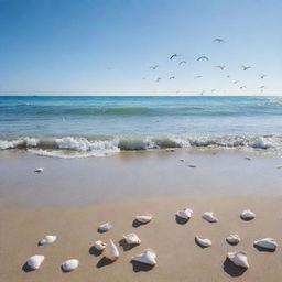 A tranquil ocean scene with soft blue hues, scattered seashells adorning the beach, and seagulls soaring overhead against the serene sky.