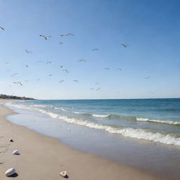 A tranquil ocean scene with soft blue hues, scattered seashells adorning the beach, and seagulls soaring overhead against the serene sky.