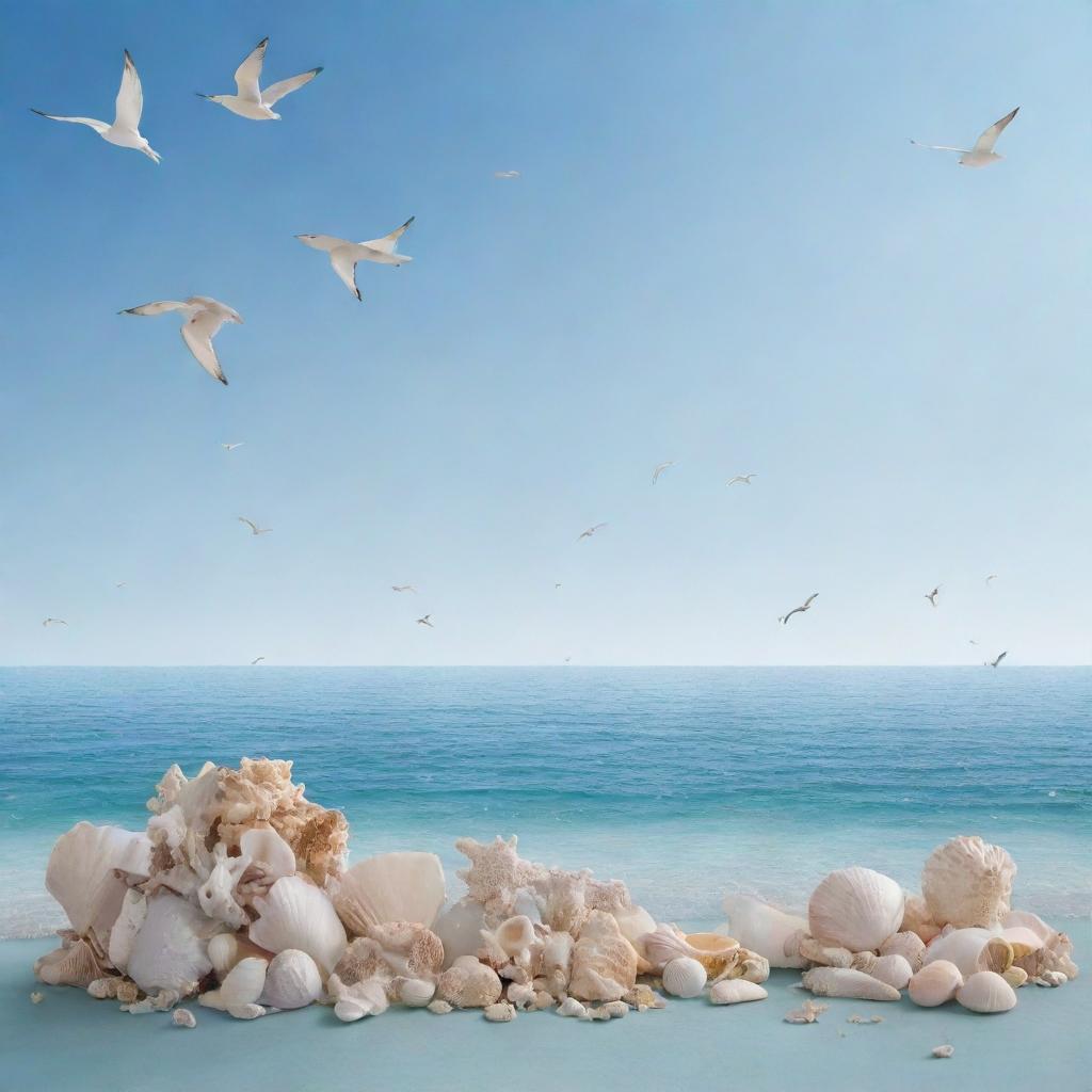 A gorgeous ocean scene in a soft blue palette, featuring scattered seashells and flying seagulls. Include a 1:1 gradient transparent box for easy photo addition.