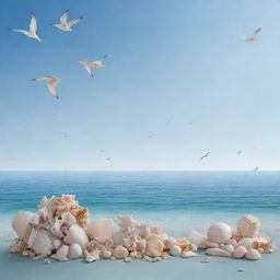 A gorgeous ocean scene in a soft blue palette, featuring scattered seashells and flying seagulls. Include a 1:1 gradient transparent box for easy photo addition.