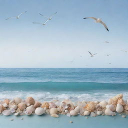 A gorgeous ocean scene in a soft blue palette, featuring scattered seashells and flying seagulls. Include a 1:1 gradient transparent box for easy photo addition.