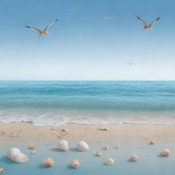 A gorgeous ocean scene in a soft blue palette, featuring scattered seashells and flying seagulls. Include a 1:1 gradient transparent box for easy photo addition.