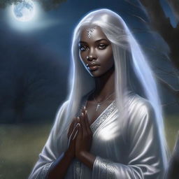 This is a high-quality, realistic fantasy portrait of a beautiful young dark elven priestess