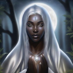 This is a high-quality, realistic fantasy portrait of a beautiful young dark elven priestess