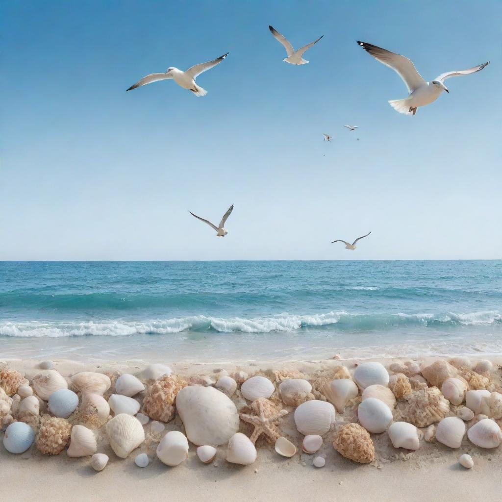 A gorgeous ocean scene in a soft blue palette, featuring scattered seashells and flying seagulls. Include a 1:1 gradient transparent box for easy photo addition.