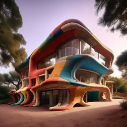 Architectural masterpiece house made of multicolored bricks, Zaha Hadid fluidity, Antonio Gaudi uniqueness, without vignetting, architectural photography style.