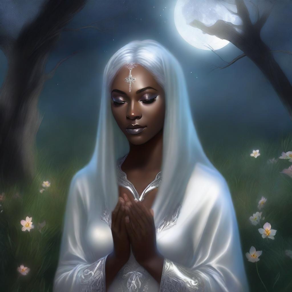 This is a high-quality, realistic fantasy portrait of a beautiful young dark elven priestess