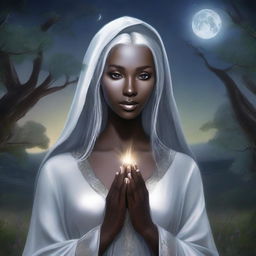 This is a high-quality, realistic fantasy portrait of a beautiful young dark elven priestess