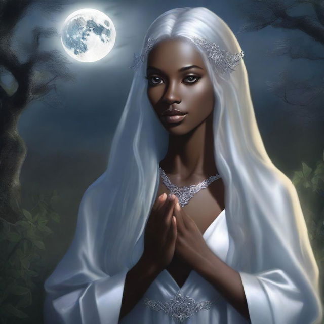 This is a high-quality, realistic fantasy portrait of a beautiful young dark elven priestess