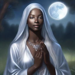 This is a high-quality, realistic fantasy portrait of a beautiful young dark elven priestess