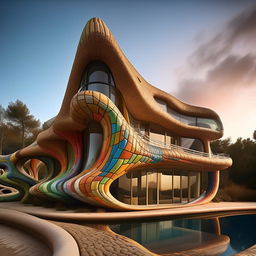 Architectural masterpiece house made of multicolored bricks, Zaha Hadid fluidity, Antonio Gaudi uniqueness, without vignetting, architectural photography style.